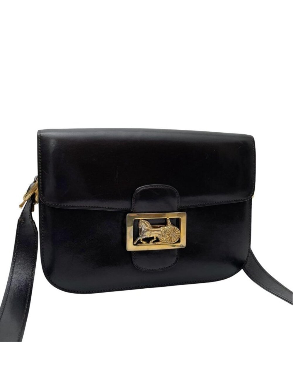 Celine Leather Carriage Logo Gold Shoulder Bag Dark Brown